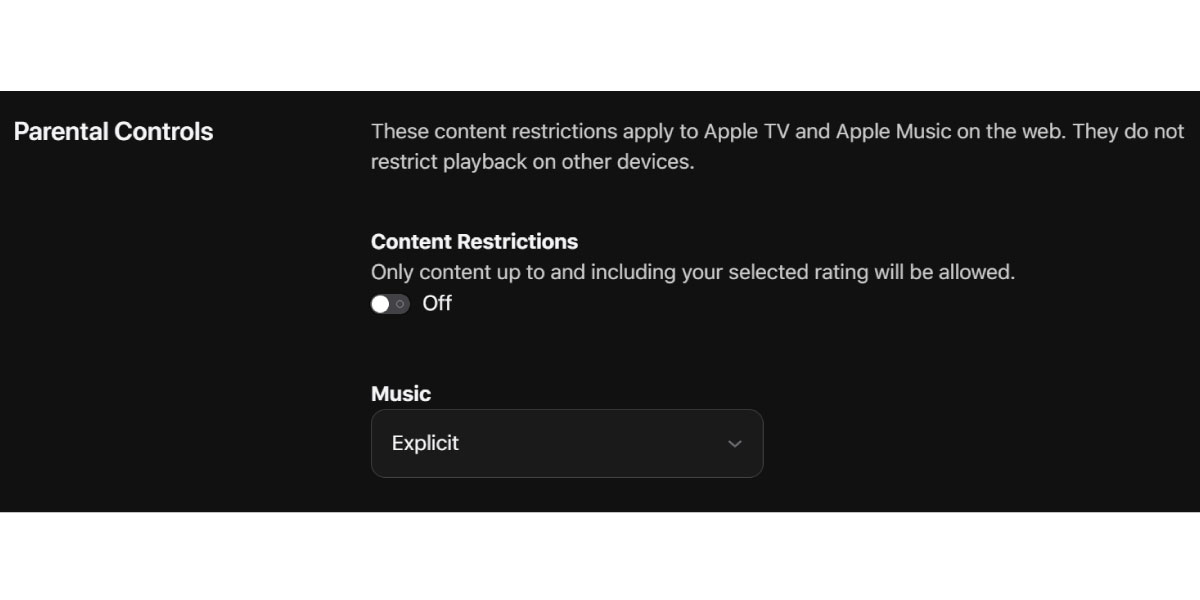Screenshot of “Parental Controls” section in Apple Music account
