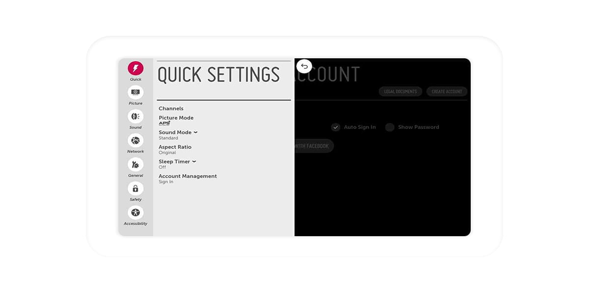 menu of an LG TV with the Quick Settings tab open