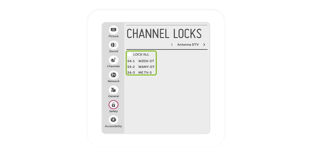 screenshot of LG TV channel locks setting