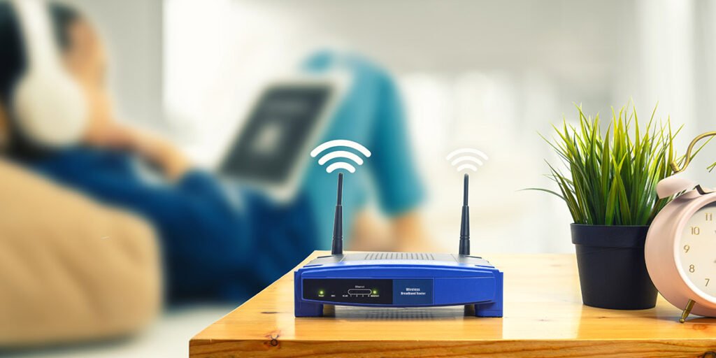 a WiFi modem in the foreground with a kid visible in the background