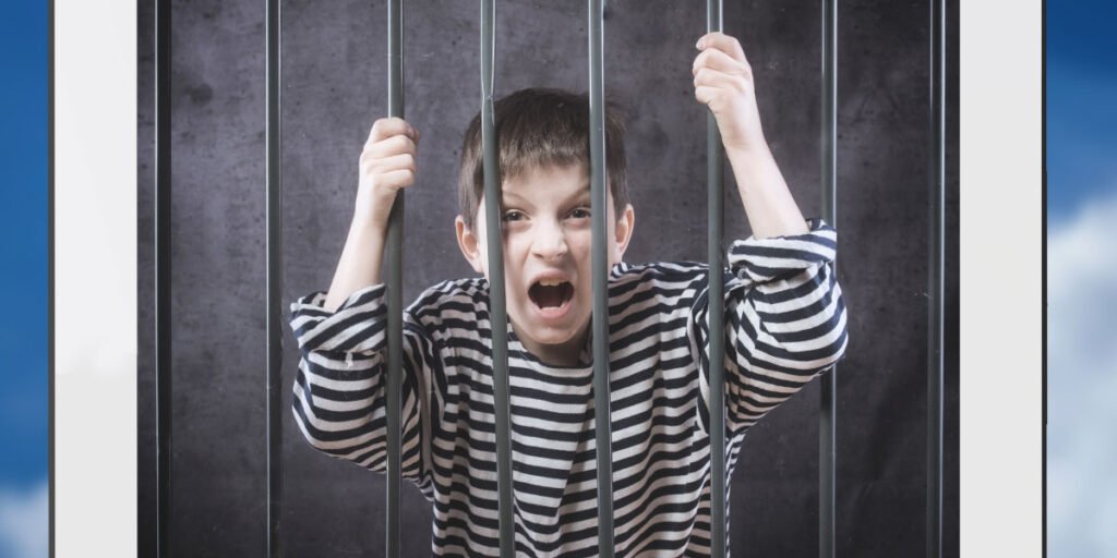 A child screams behind bars in a tablet protected by parental controls