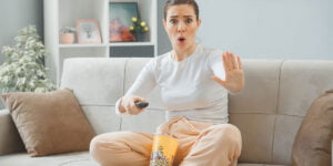 woman holding a TV remote and holding up her hand