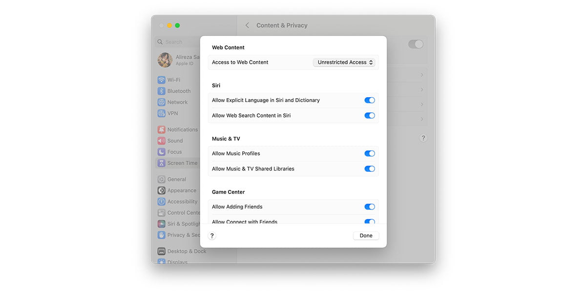 The Web Content setting page on an iOS device