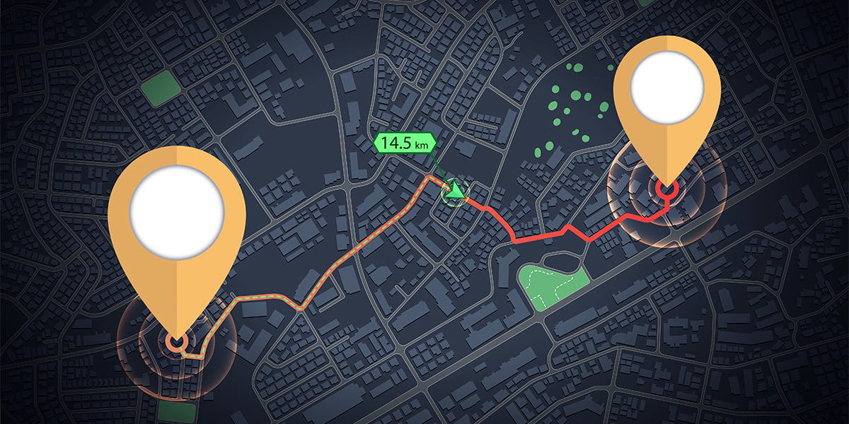 Location tracking app showing the start location and destination of a child