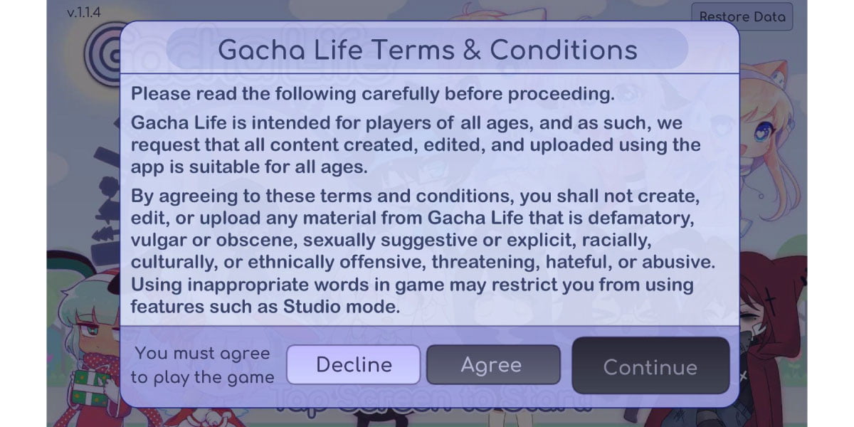 Screenshot der Allgemeinen Geschäftsbedingungen von Gacha Life