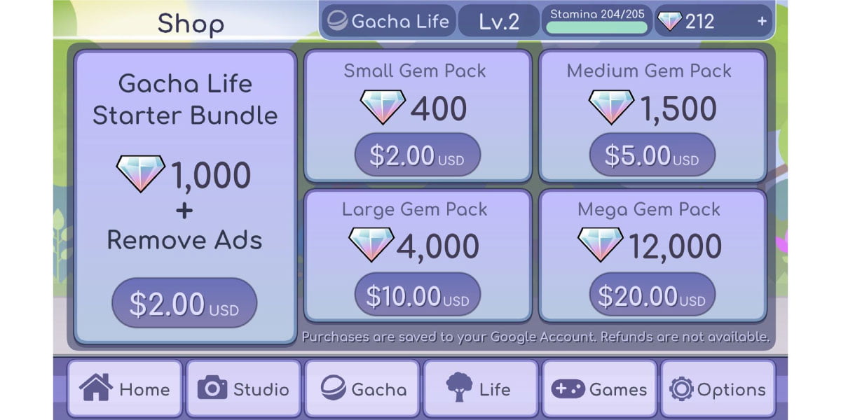 Screenshot von Gacha Lifes In-App-Kauf von Diamanten]   Gacha Life's Life Abschnitt