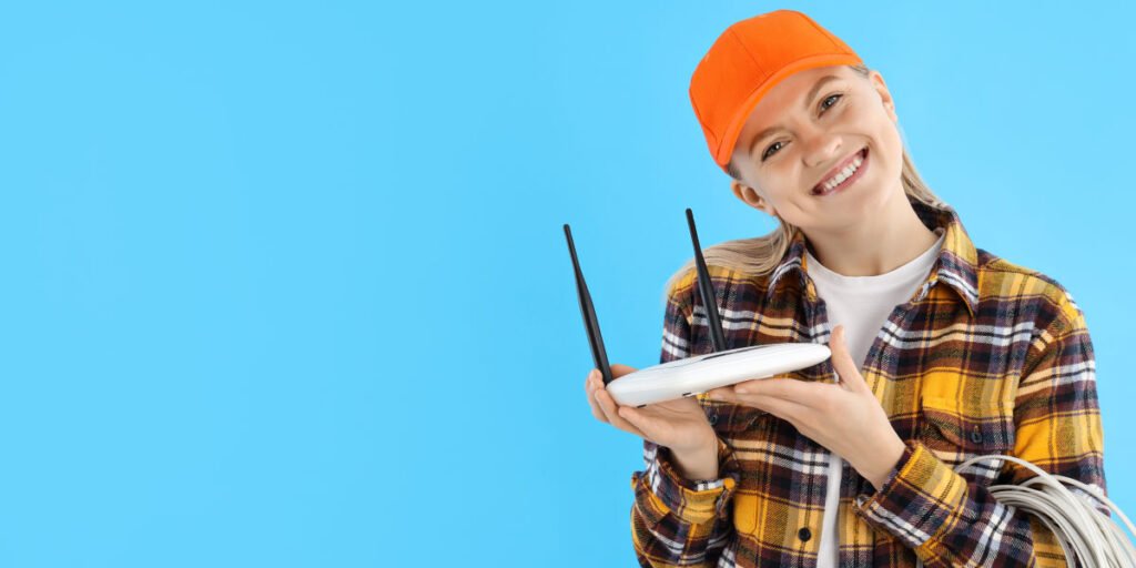 A smiling woman holding an internet router and cables, trying to set up Sky WiFi, with a ban sign indicating parental controls