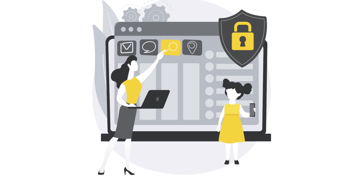 An illustration showing a woman locking and restricting apps on her daughter’s smartphone