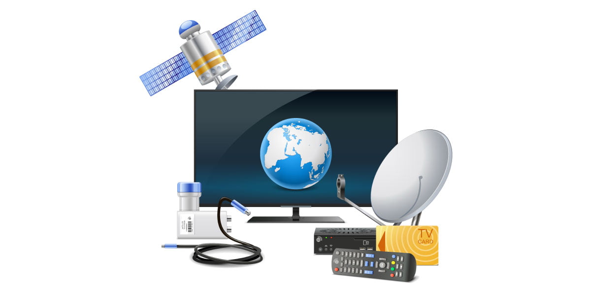 a vector of a TV, remote control, decoder, and satellite dish for GOtv