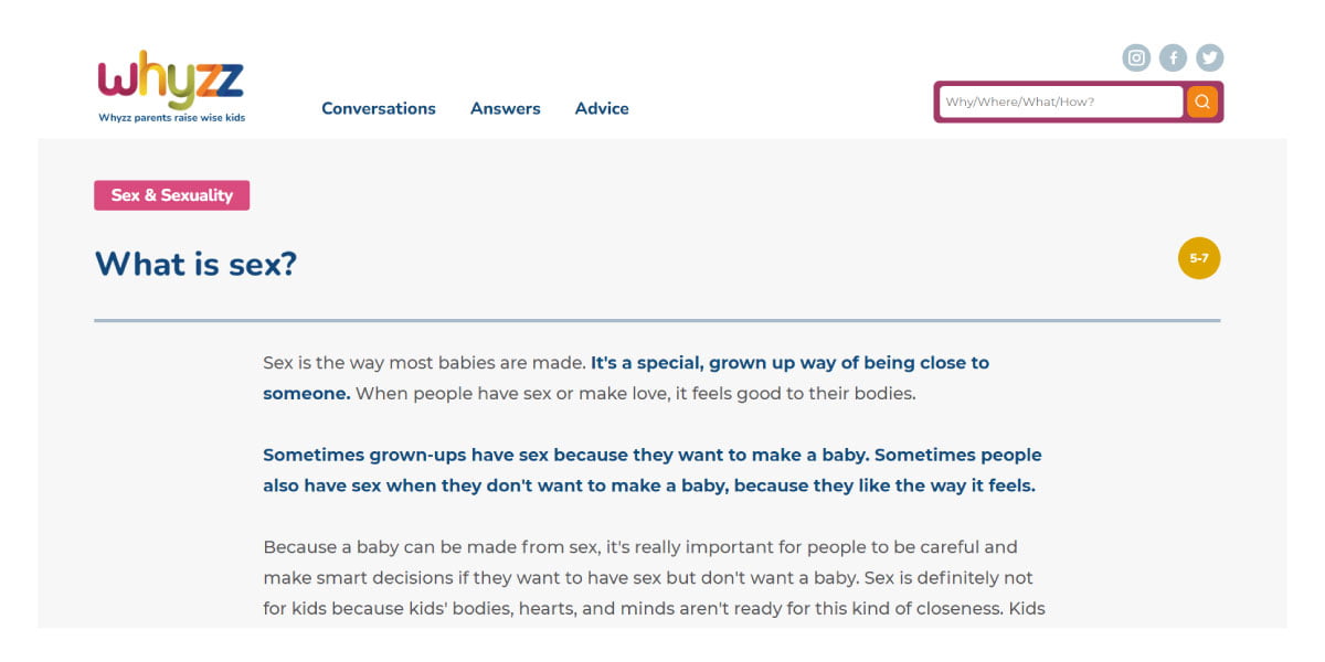 Screenshot from Whyzz website, a tech resource for sex education