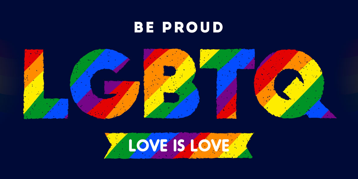 cartoon of 2 couples with the text “be proud LGBTQ love is love