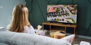 girl holding a remote control in front of tv