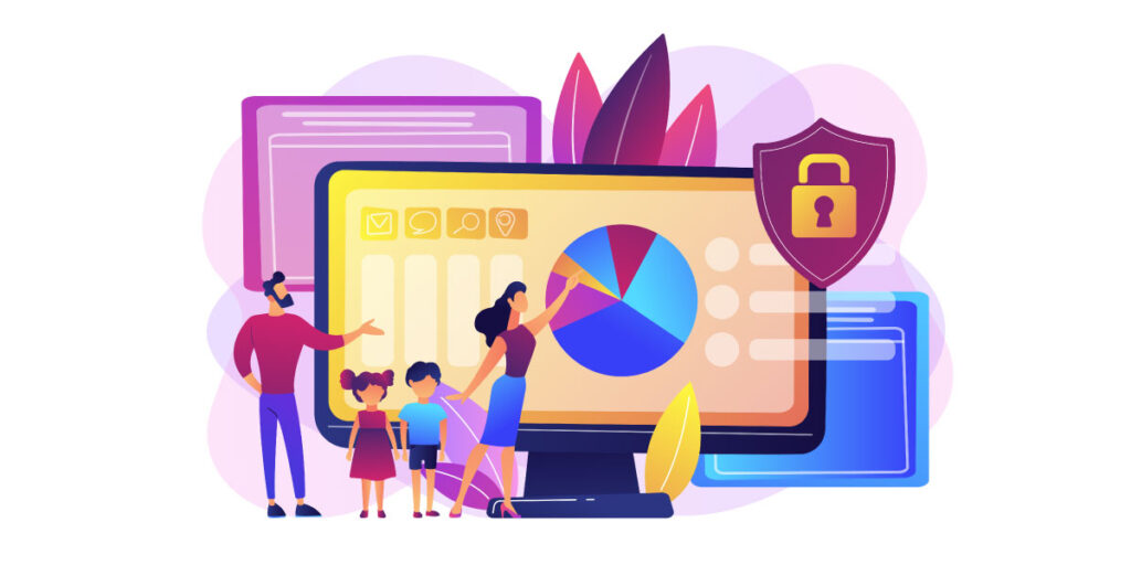 Cartoon of two parents using parental controls statistics with two children standing next to them