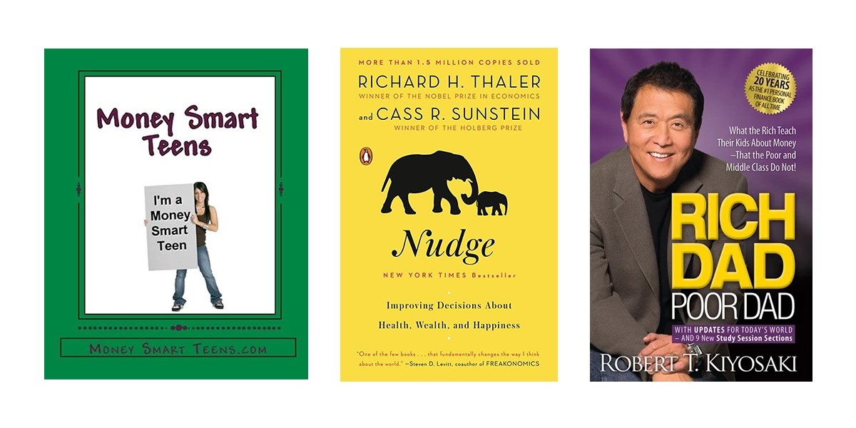 A Collage of 7 Must-Read Books About Saving Money for Kids and Teens Covers