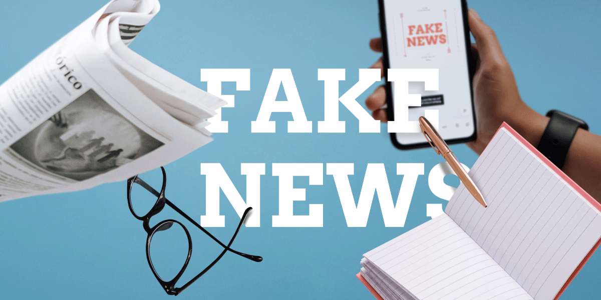 Fake-News-Wörter, umgeben von Instrumenten, die von den Medien verwendet werden, um die Menschen zu informieren