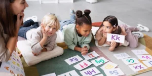 Frau bringt drei Kindern das Alphabet bei