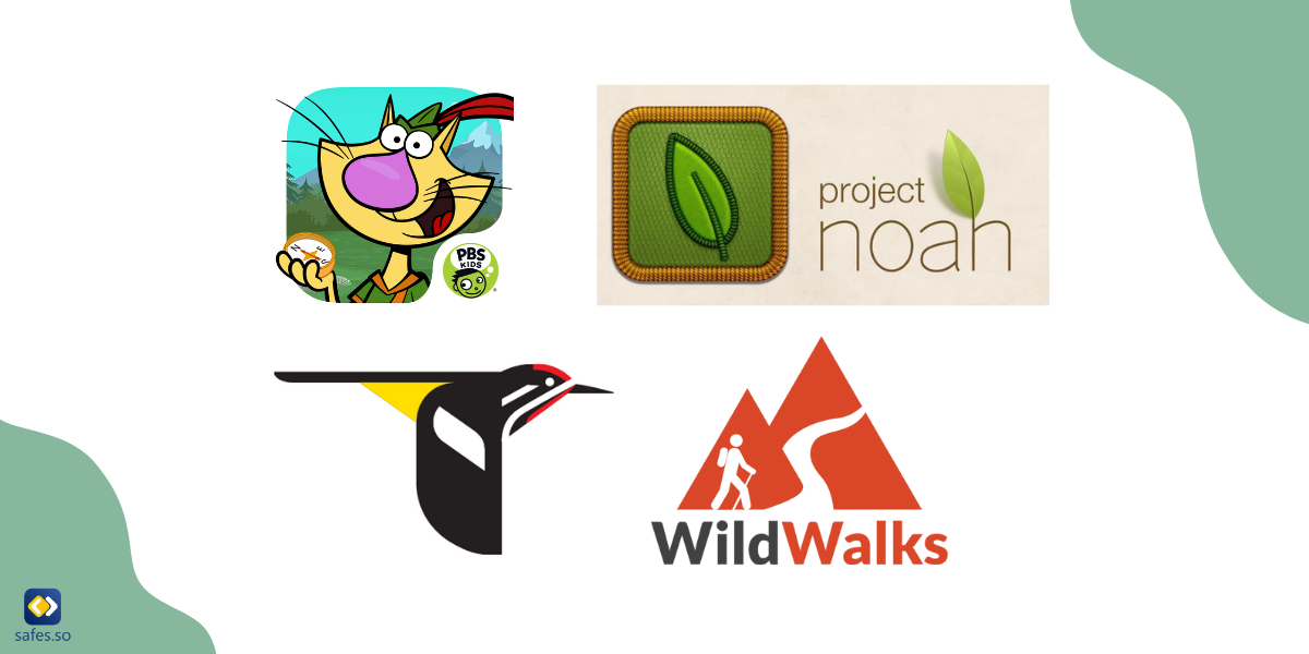 Eine Collage aus Nature Cat's Great Outdoors, Project Noah, Wild Walks und Merlin Bird ID-Symbolen - alternative Naturerkundungs-Apps, die Eltern in Betracht ziehen können