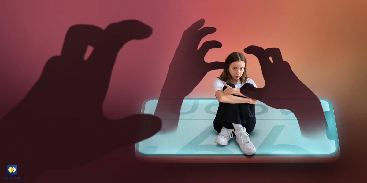 A symbolic picture representing sexual abuse through a teenage girl sitting on a big smartphone with two human claws trying to grab her.