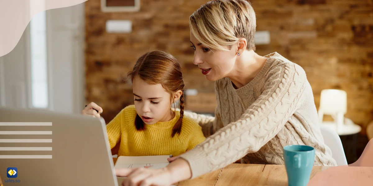 Mother homeschooling her daughter using a laptop