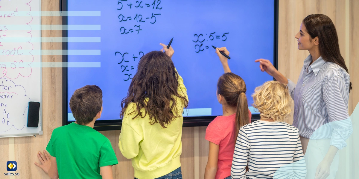 4 students standing in front of electronic whiteboard next to their teacher
