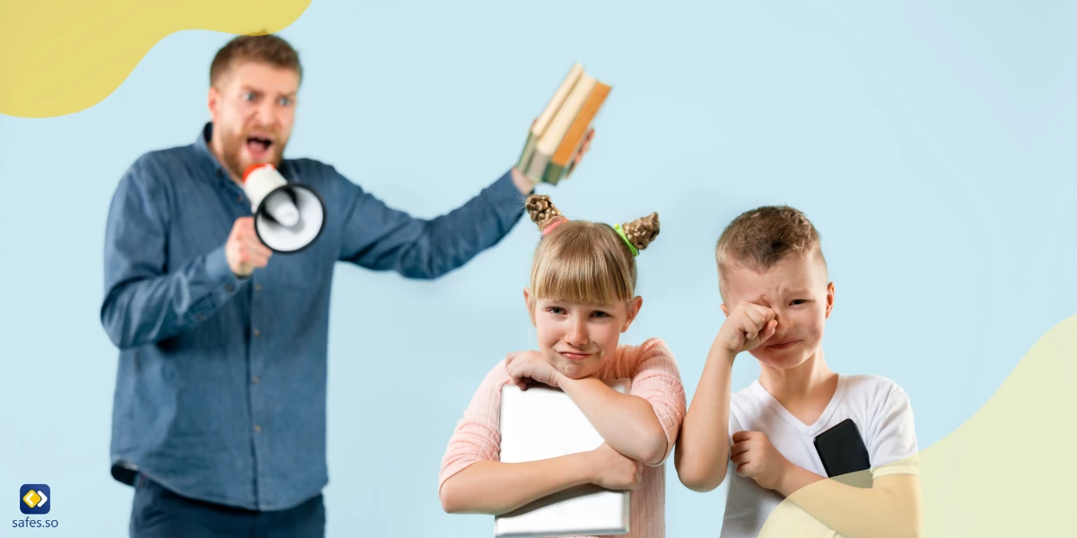 dad yelling at kids with books in his hand and kids holding a phone and notebook