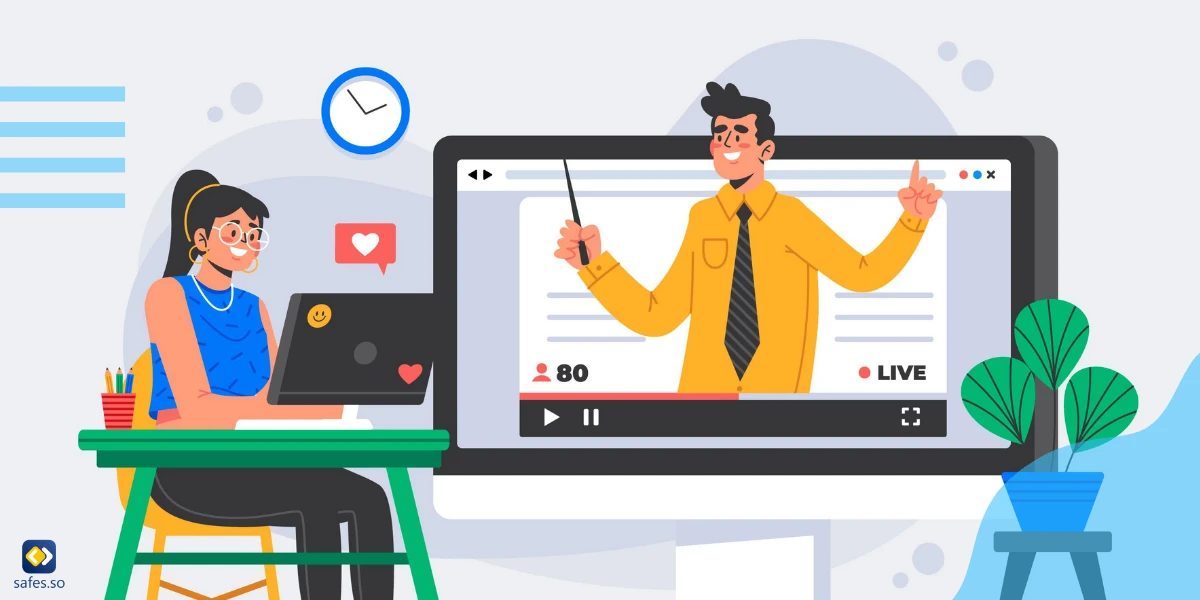 cartoon of girl studying with her teacher coming out of the screen