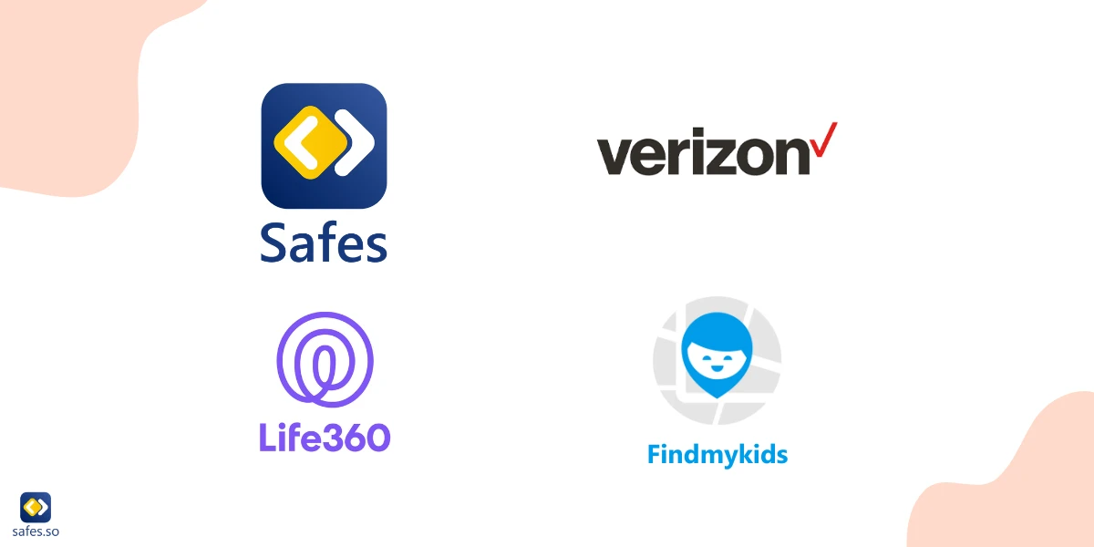logos of Safes, Find my kids, life360, Verizon Family Locator