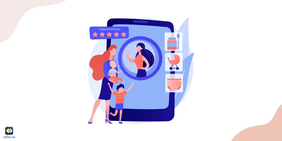 Illustration of mom with two kids tracking her kids info on smartphone