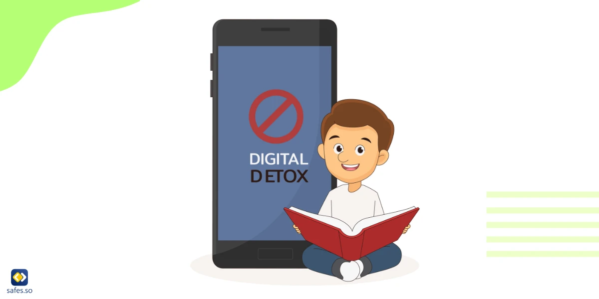 Cartoon of a child reading a book instead of using screens. Behind him, we have a giant smartphone displaying “digital detox.