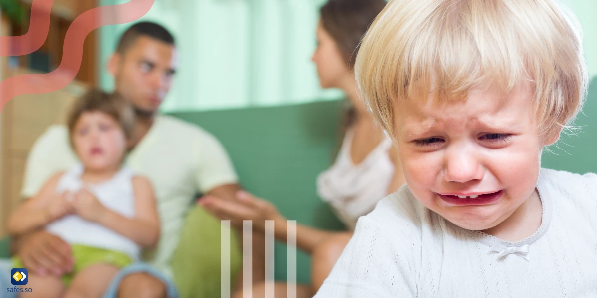 Toddler crying, throwing tantrums, and having a meltdown while their parents are arguing in the background