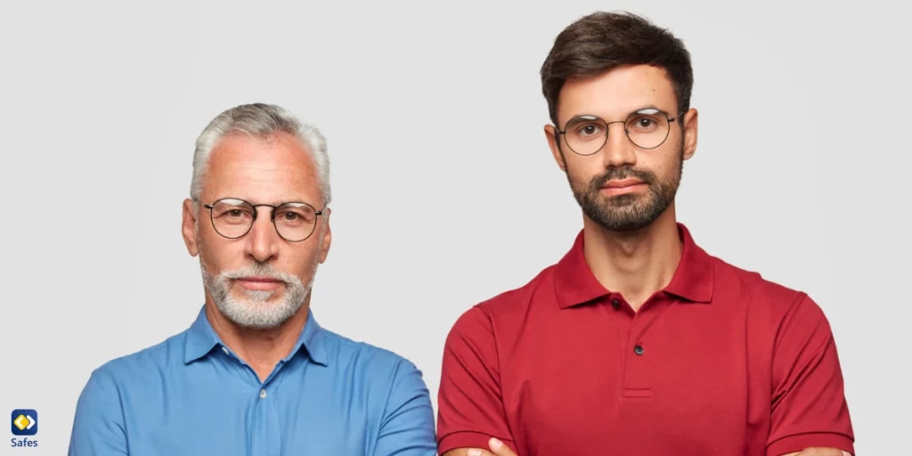 Two fathers of different generations standing