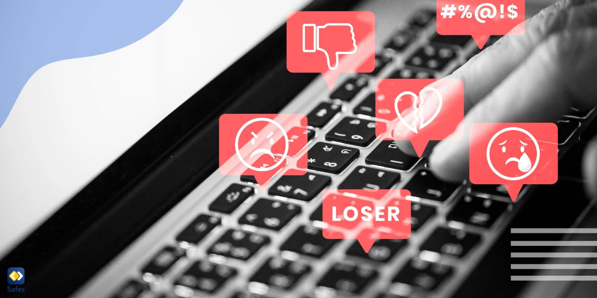 Keyboard with harmful words hovering around it showing how students can use Google Docs for cyberbullying
