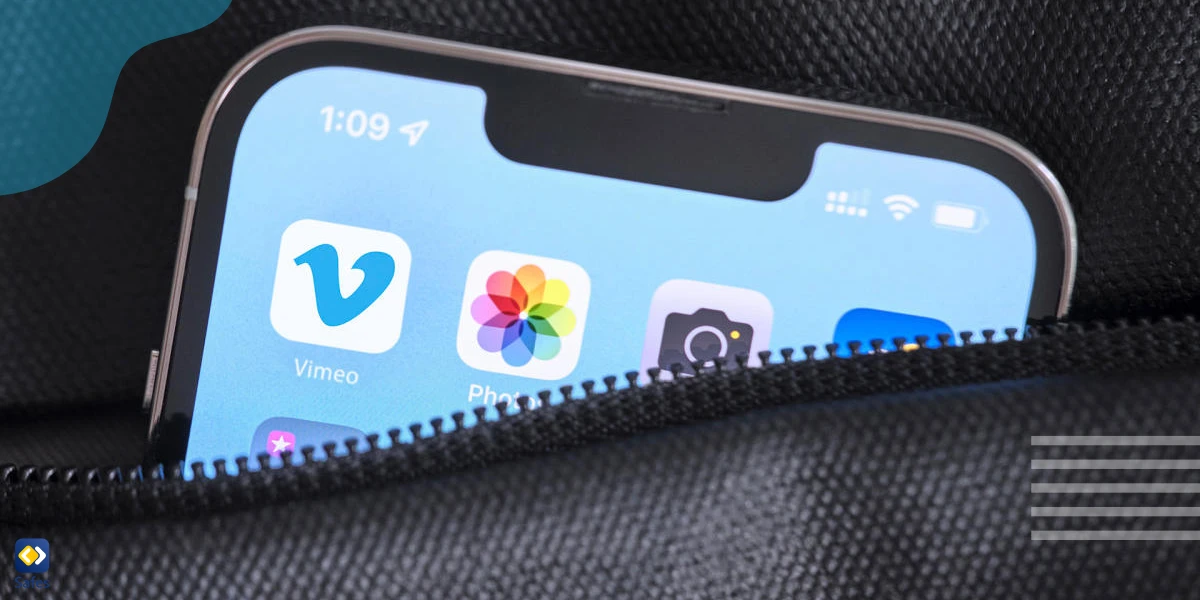 The Vimeo app’s icon on a smartphone screen