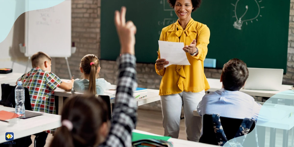 Student with high self-esteem is raising her hand to participate in class