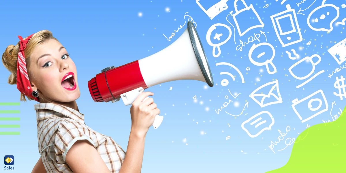 Woman shouting in a loudspeaker advertising different things