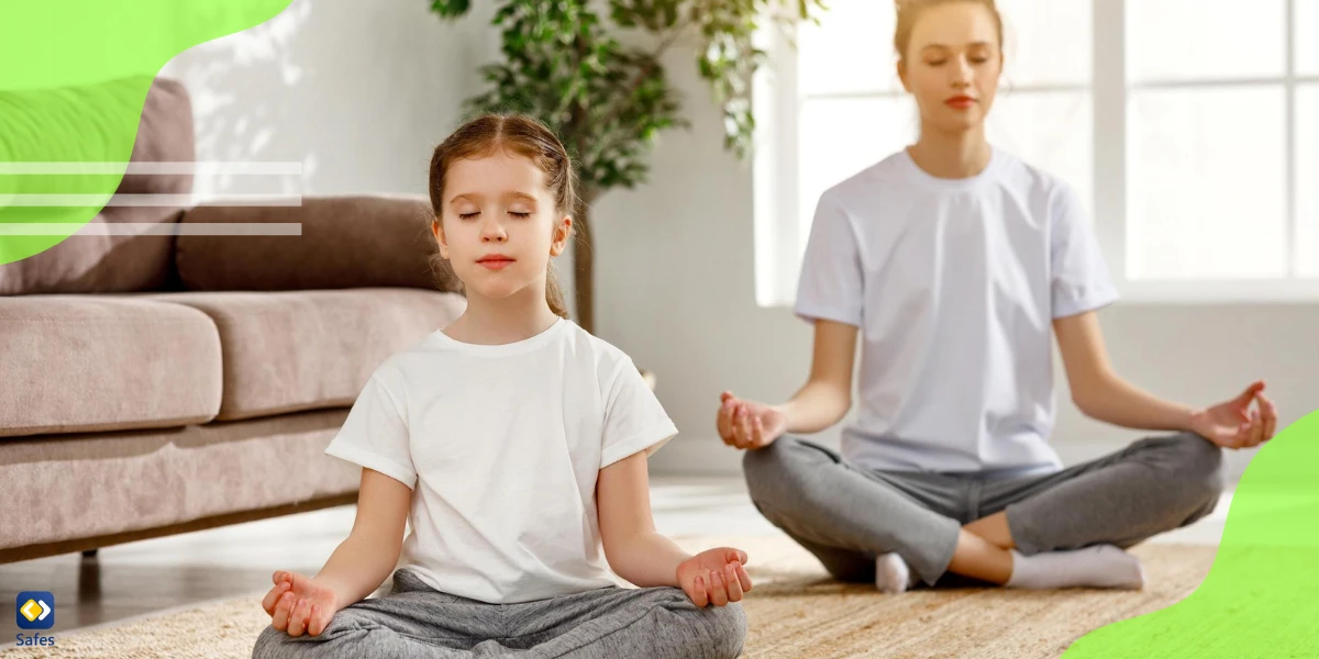 Mother and child doing meditation as a way to build resilience against doomscrolling