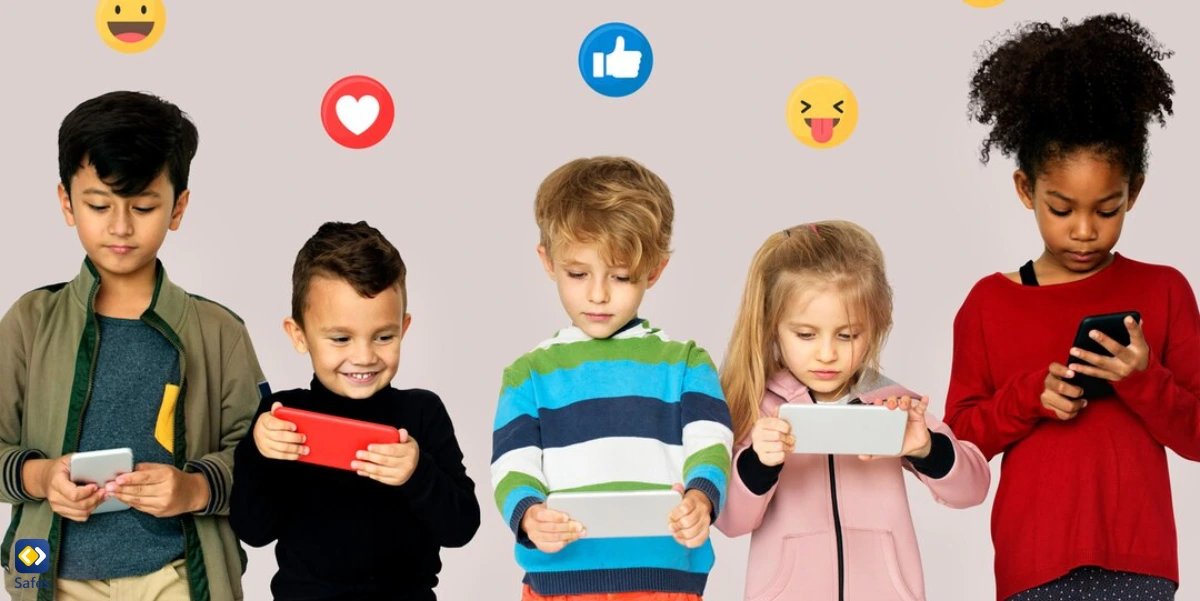 kids holding phones with Facebook reactions appearing above their heads
