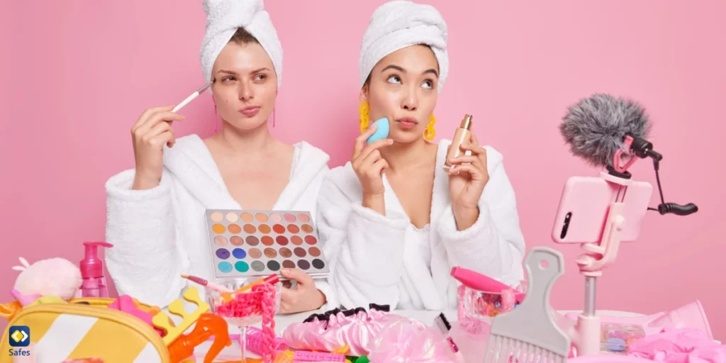 Two women in bathrobe doing makeup in front of a camera