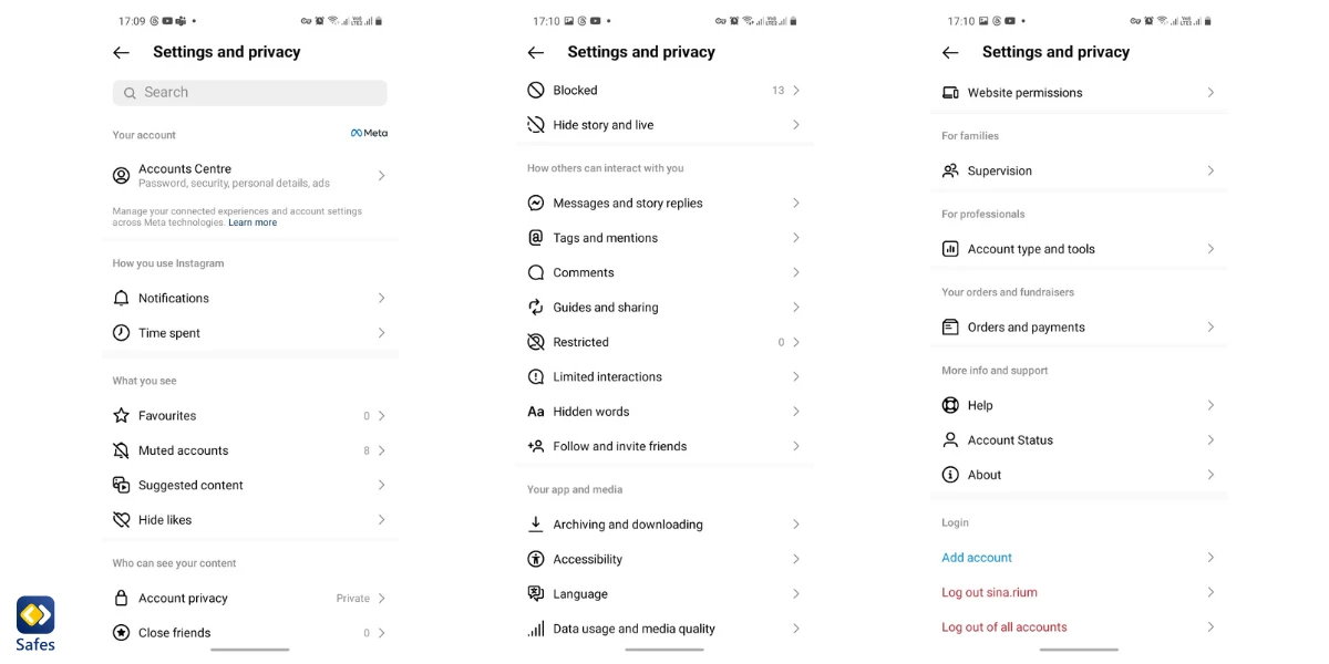 Threads/Instagram-Einstellungen und Datenschutz-Screenshots