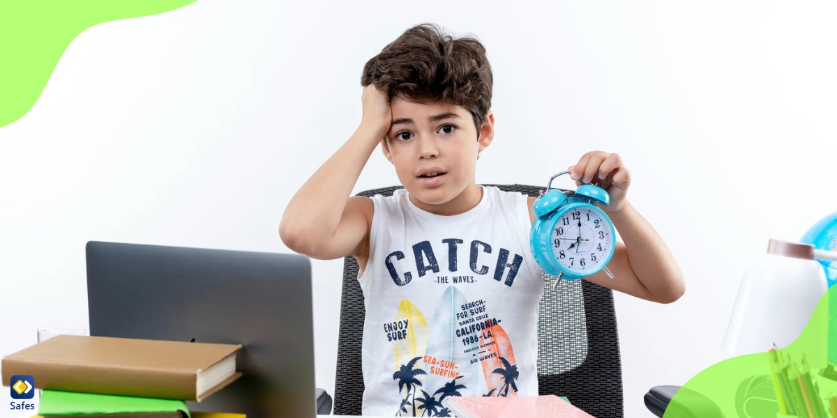 a concerned little boy is holding an alarm clock