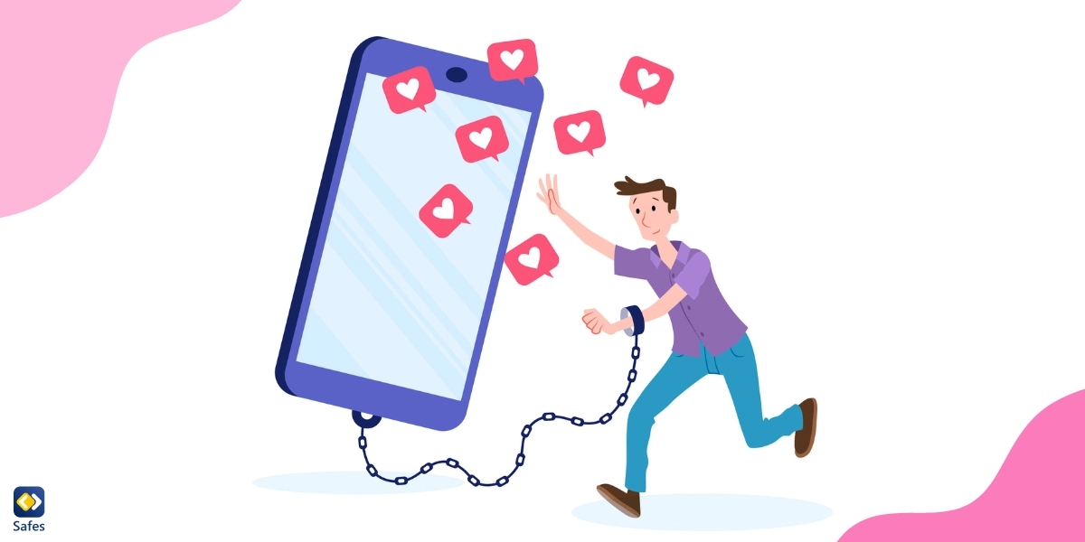 Eine Illustration eines Teenagers, der an ein Telefon gekettet ist und es jagt, um mehr Likes von den Nutzern zu erhalten