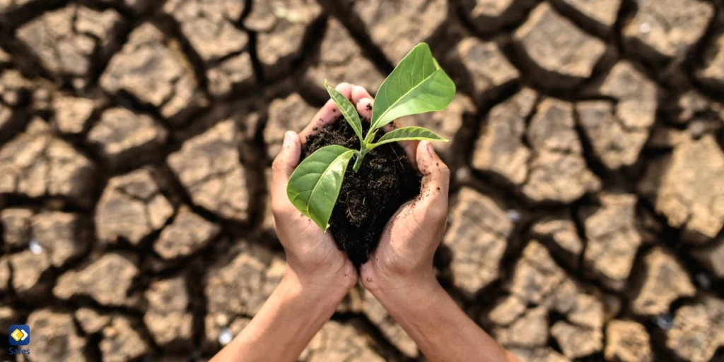 Hands holding a plant above infertile ground