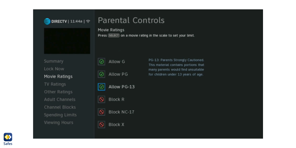 Screenshot of DirecTV parental controls
