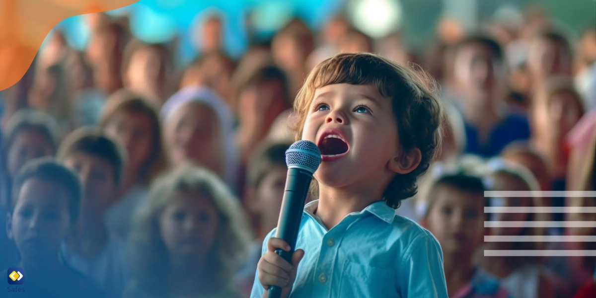 A little boy is singing in front of people