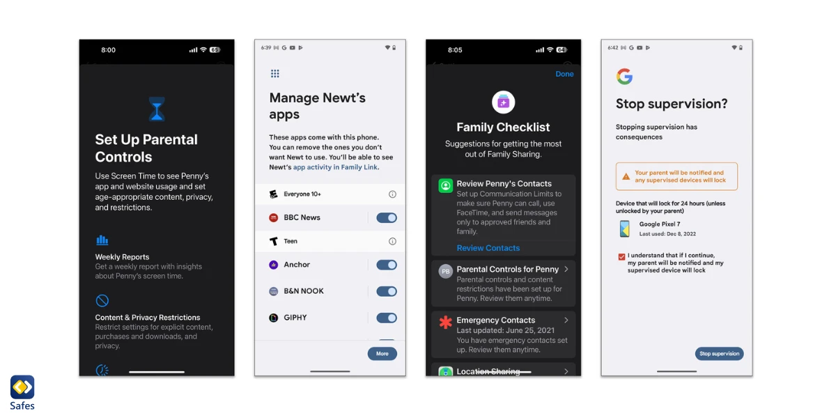 Screenshots der Google Family Link-App, die zeigen, wie Sie Kindersicherungen, einschließlich Bildschirmzeitbeschränkungen, auf dem Telefon Ihres Kindes einrichten