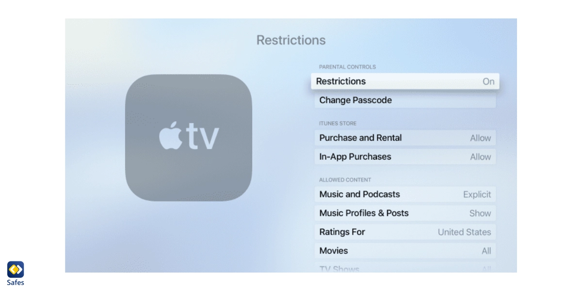 Screenshot des Abschnitts „Einschränkungen“ in der Kindersicherung von Apple TV