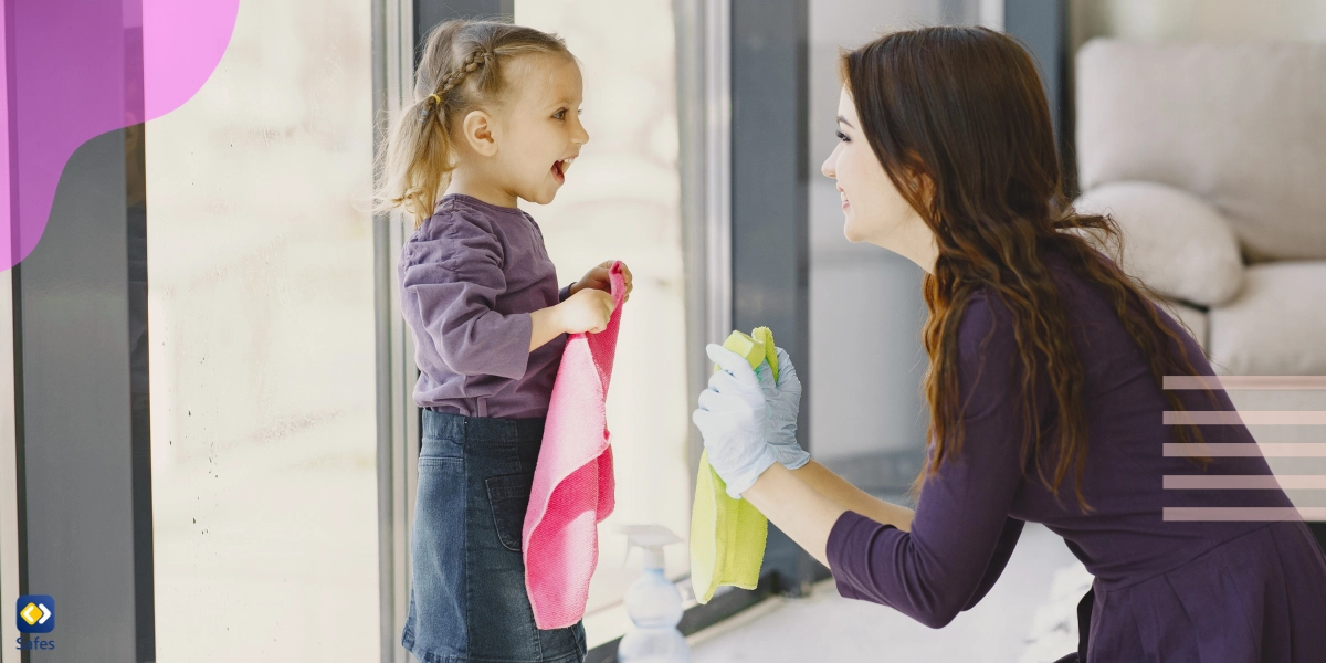 Mother and child doing chores with cleaning game