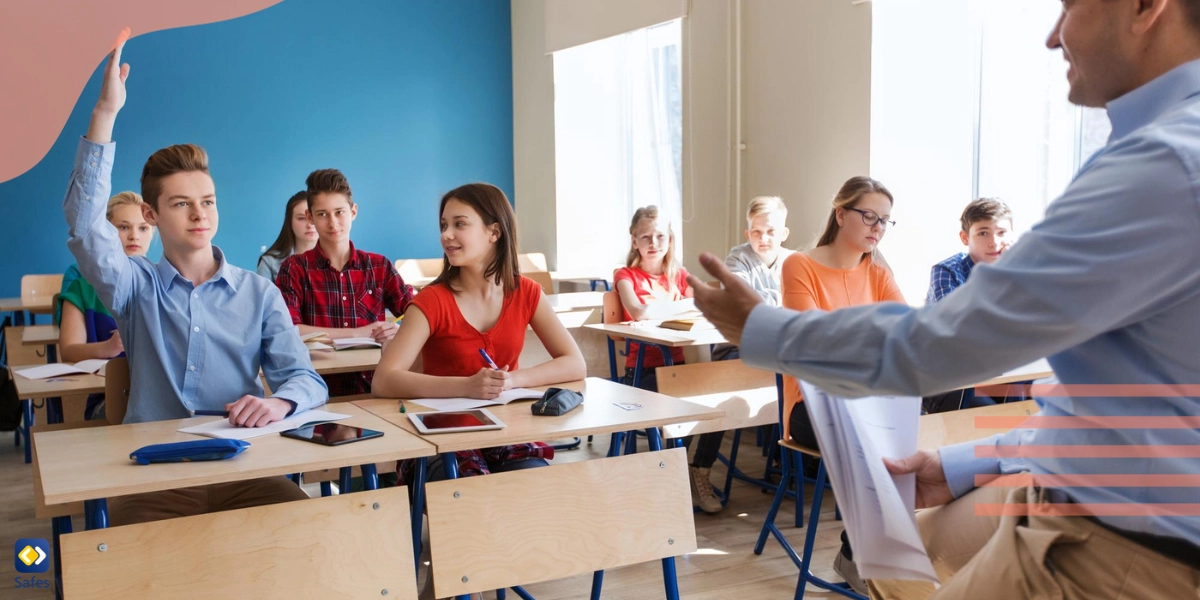 Teacher encouraging class participation and peer counseling volunteering in class