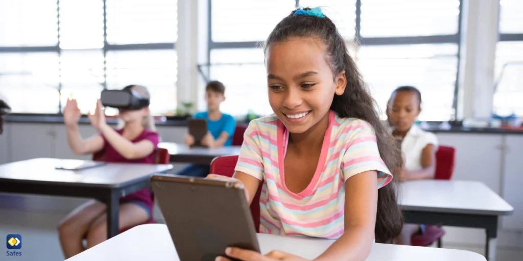 children using VR and iPad in class