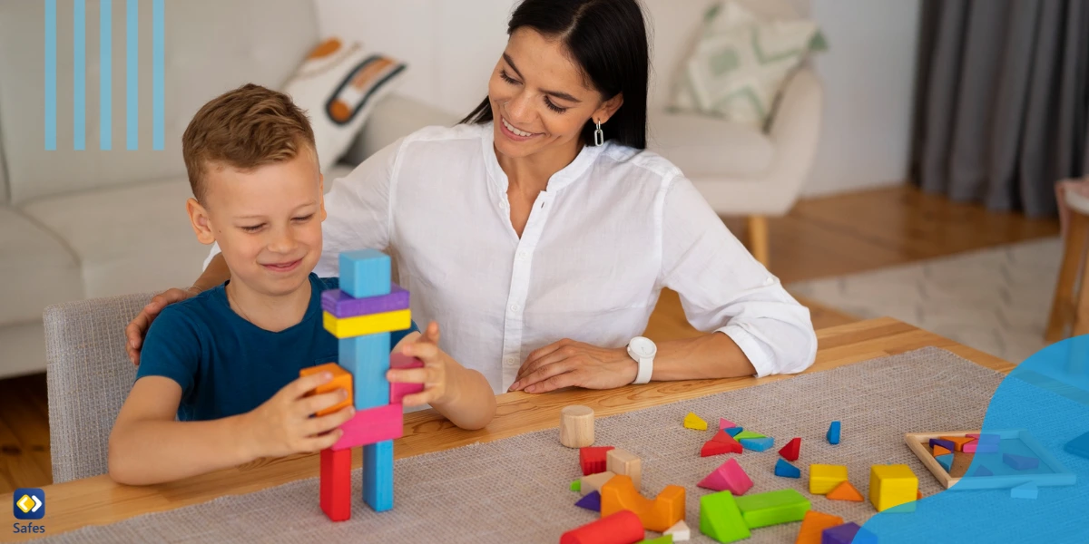 Mother giving her child Montessori toys to play with